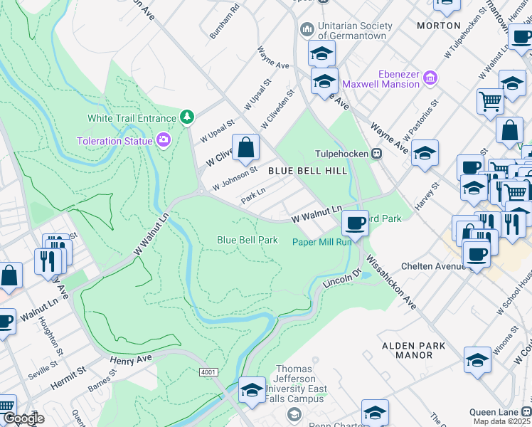 map of restaurants, bars, coffee shops, grocery stores, and more near 691 West Walnut Lane in Philadelphia