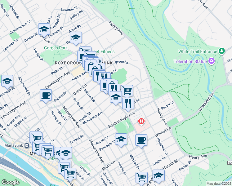 map of restaurants, bars, coffee shops, grocery stores, and more near 6001 Ridge Avenue in Philadelphia