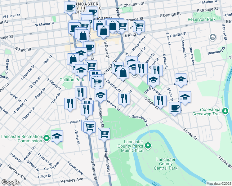 map of restaurants, bars, coffee shops, grocery stores, and more near 455 Atlantic Avenue in Lancaster