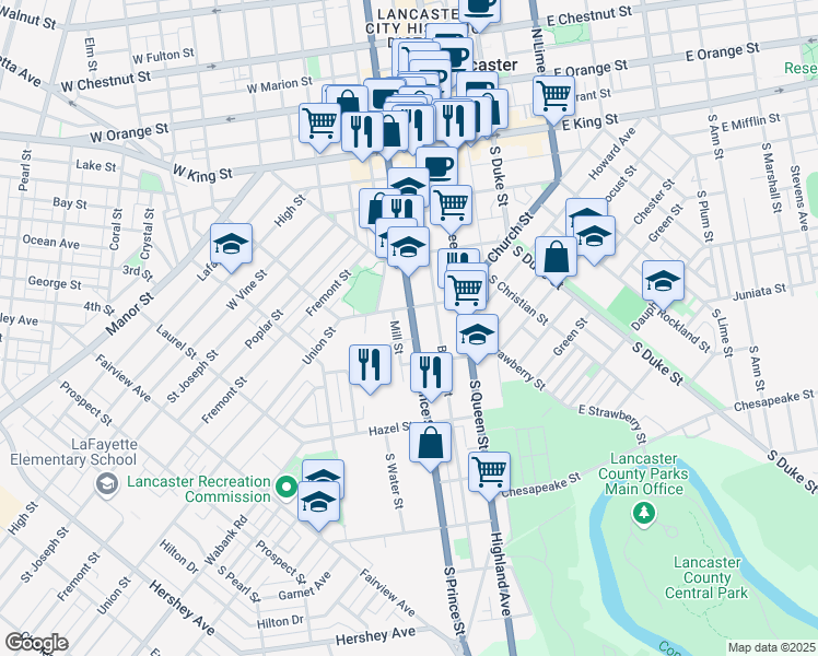 map of restaurants, bars, coffee shops, grocery stores, and more near 337 South Prince Street in Lancaster