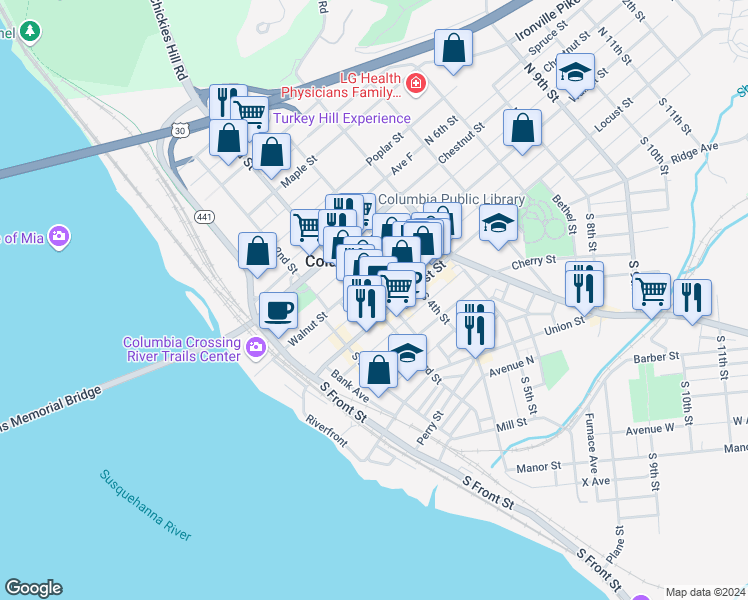 map of restaurants, bars, coffee shops, grocery stores, and more near 8 North 3rd Street in Columbia