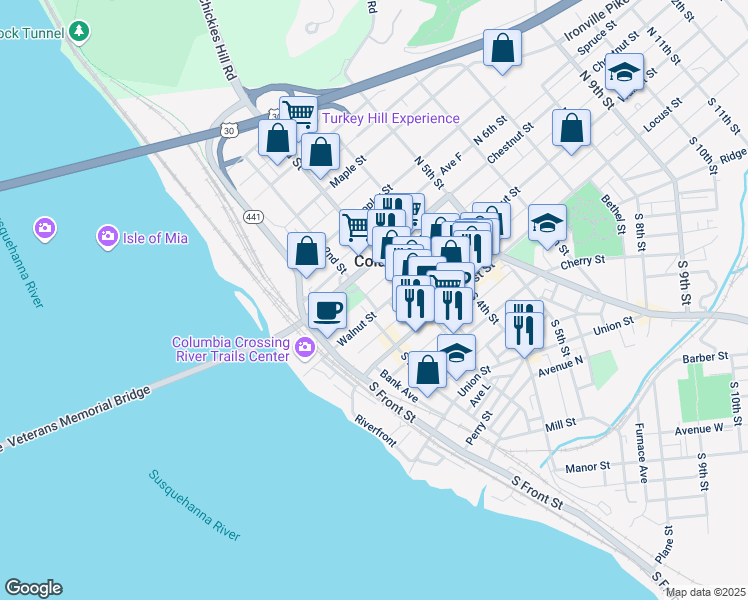 map of restaurants, bars, coffee shops, grocery stores, and more near 214 Walnut Street in Columbia