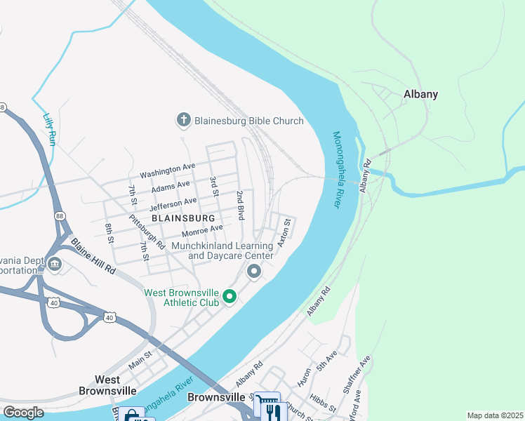 map of restaurants, bars, coffee shops, grocery stores, and more near 609 Main Street in Brownsville