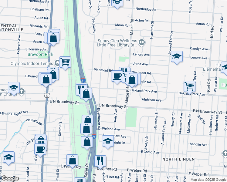 map of restaurants, bars, coffee shops, grocery stores, and more near 836 East Kenworth Road in Columbus