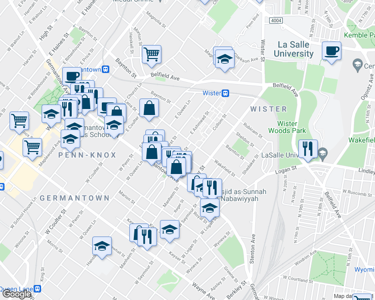 map of restaurants, bars, coffee shops, grocery stores, and more near 96 East Ashmead Street in Philadelphia