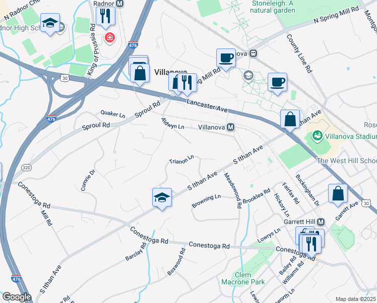 map of restaurants, bars, coffee shops, grocery stores, and more near 218 Trianon Lane in Villanova