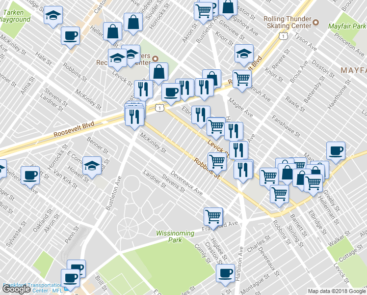 map of restaurants, bars, coffee shops, grocery stores, and more near 6302 Farnsworth Street in Philadelphia