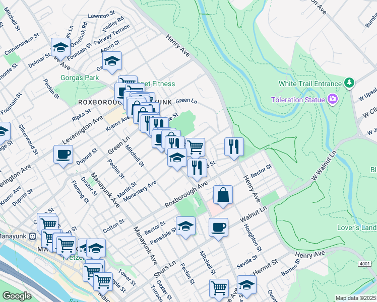 map of restaurants, bars, coffee shops, grocery stores, and more near 520 Monastery Avenue in Philadelphia