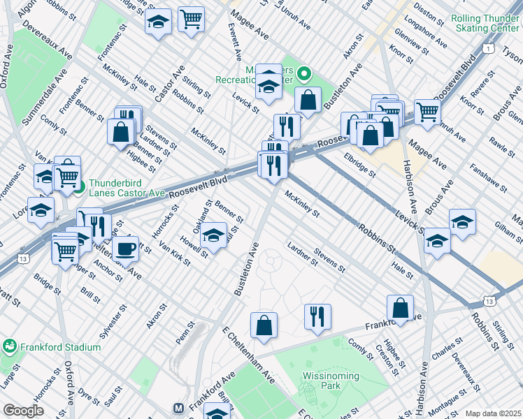 map of restaurants, bars, coffee shops, grocery stores, and more near 6138 Bustleton Avenue in Philadelphia