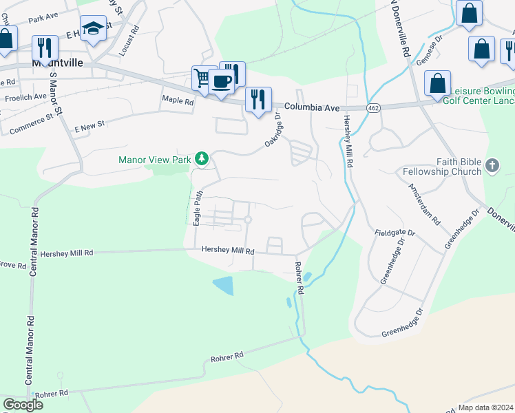 map of restaurants, bars, coffee shops, grocery stores, and more near 417 Talon Drive in Mountville