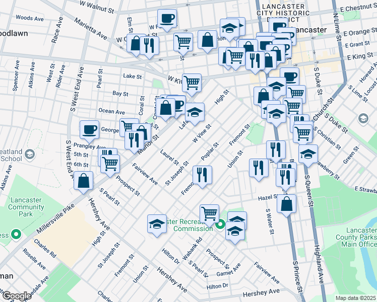 map of restaurants, bars, coffee shops, grocery stores, and more near 642 Saint Joseph Street in Lancaster