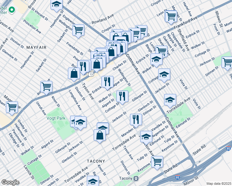map of restaurants, bars, coffee shops, grocery stores, and more near 7109 Walker Street in Philadelphia