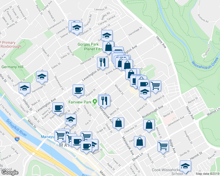 map of restaurants, bars, coffee shops, grocery stores, and more near 421 Green Lane in Philadelphia