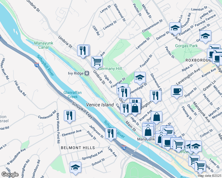 map of restaurants, bars, coffee shops, grocery stores, and more near 4743 Umbria Street in Philadelphia