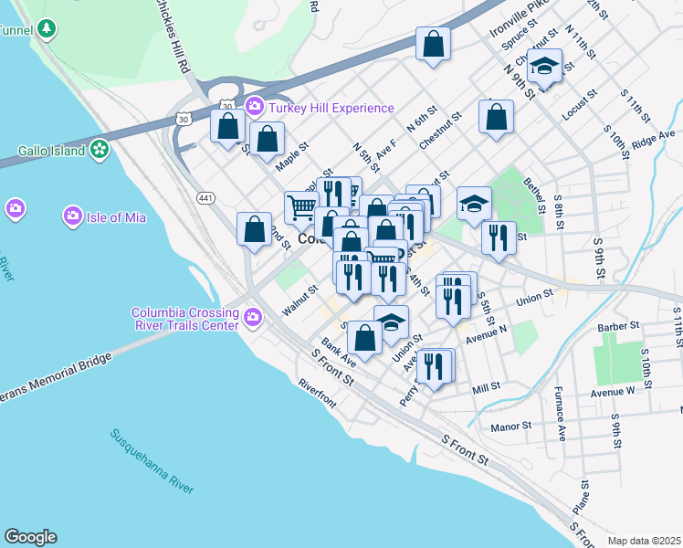 map of restaurants, bars, coffee shops, grocery stores, and more near 244 Walnut Street in Columbia