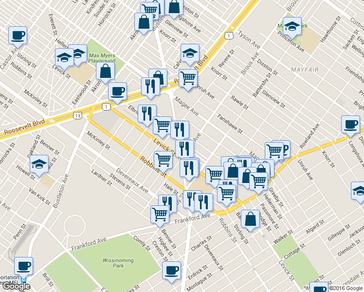 map of restaurants, bars, coffee shops, grocery stores, and more near 6401 Harbison Ave in Philadelphia