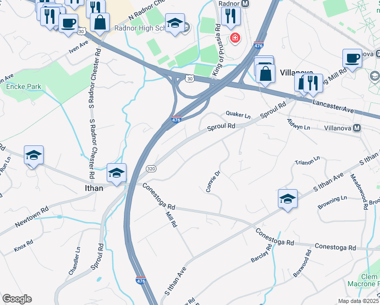 map of restaurants, bars, coffee shops, grocery stores, and more near 180 South Spring Mill Road in Villanova