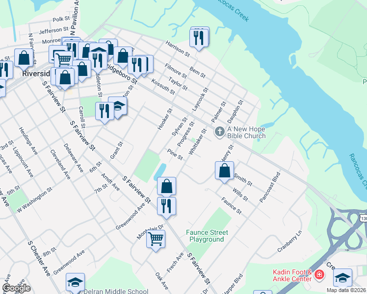 map of restaurants, bars, coffee shops, grocery stores, and more near 219 Whittaker Street in Riverside