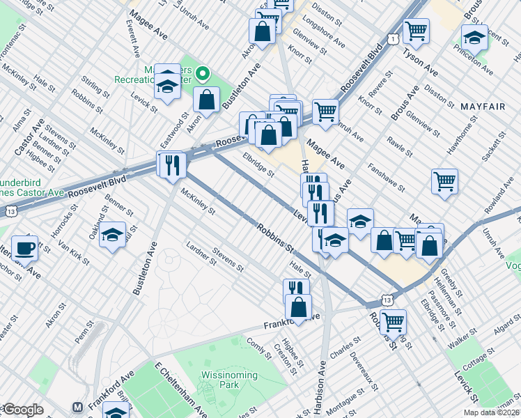 map of restaurants, bars, coffee shops, grocery stores, and more near 6322 Revere Street in Philadelphia