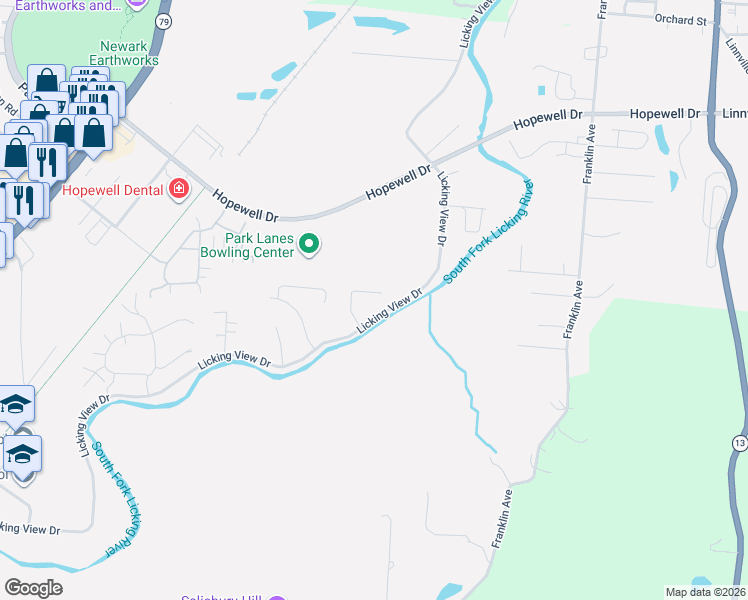 map of restaurants, bars, coffee shops, grocery stores, and more near 650 Licking View Drive in Heath