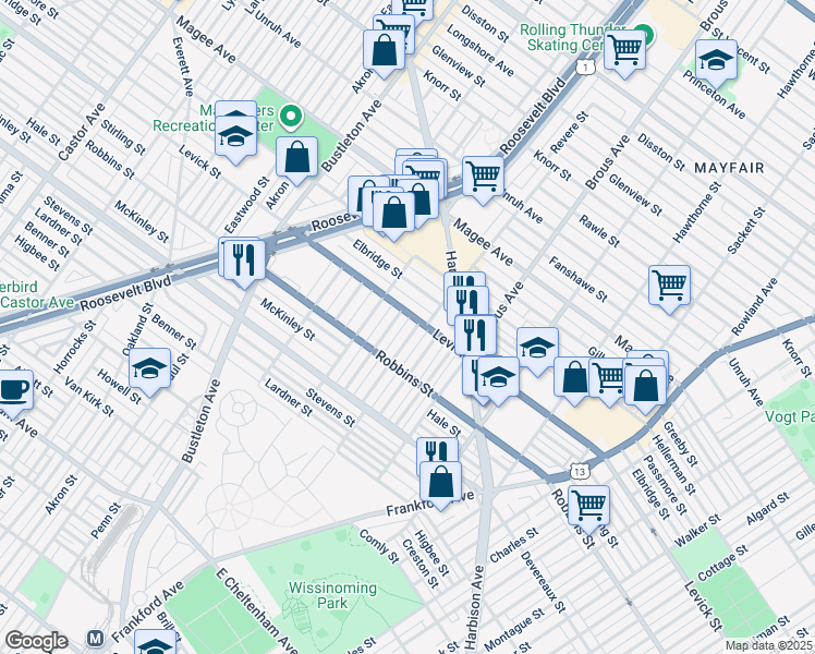map of restaurants, bars, coffee shops, grocery stores, and more near 6344 Revere Street in Philadelphia