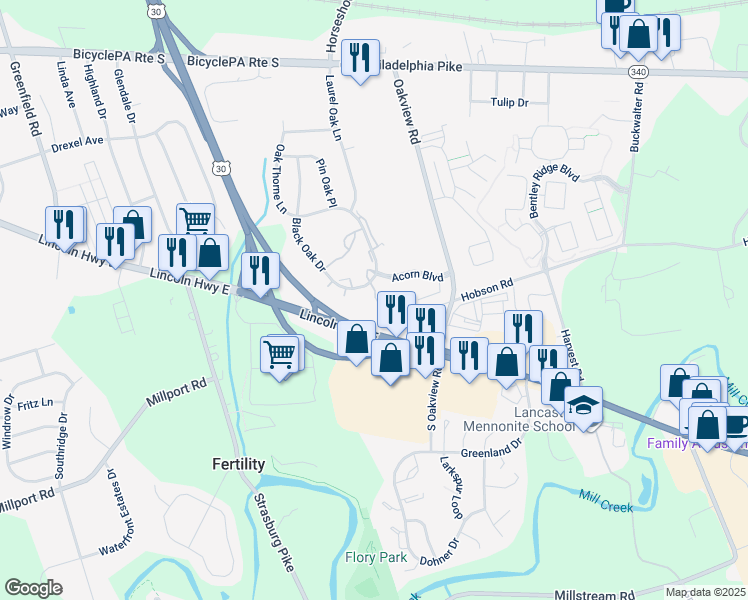 map of restaurants, bars, coffee shops, grocery stores, and more near 1 Black Oak Drive in Lancaster