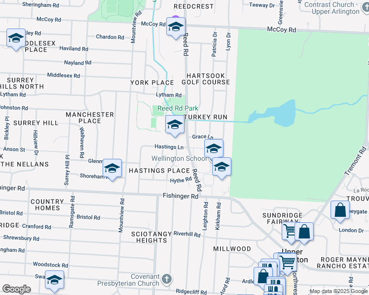 map of restaurants, bars, coffee shops, grocery stores, and more near 1850 Hastings Lane in Upper Arlington