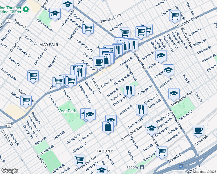 map of restaurants, bars, coffee shops, grocery stores, and more near 7024 Montague Street in Philadelphia