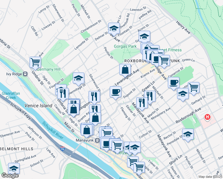 map of restaurants, bars, coffee shops, grocery stores, and more near 4593 Fleming Street in Philadelphia