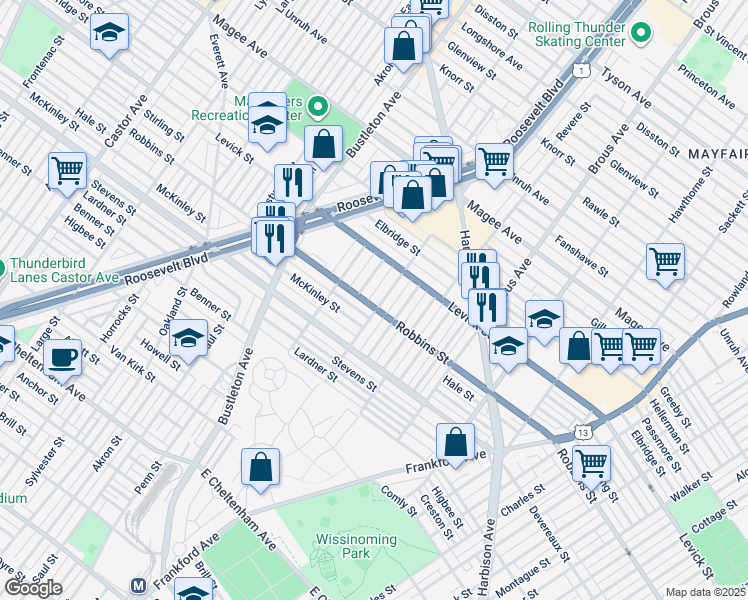 map of restaurants, bars, coffee shops, grocery stores, and more near 6302 Farnsworth Street in Philadelphia