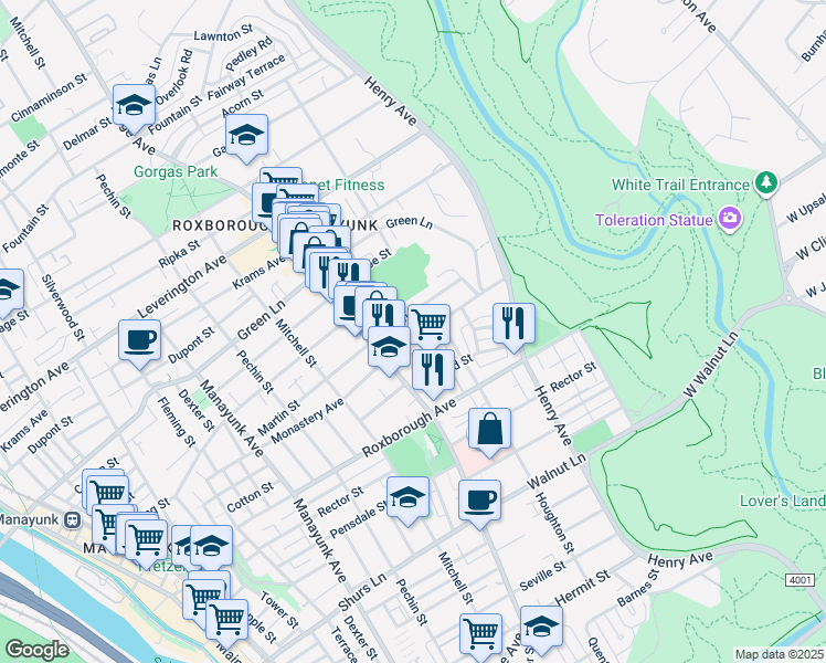 map of restaurants, bars, coffee shops, grocery stores, and more near 520 Monastery Avenue in Philadelphia