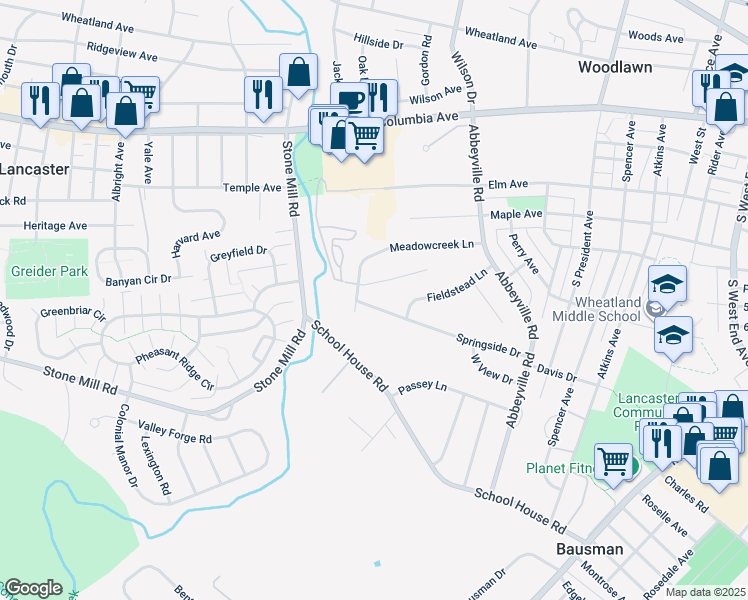 map of restaurants, bars, coffee shops, grocery stores, and more near 1529 Springside Drive in Lancaster