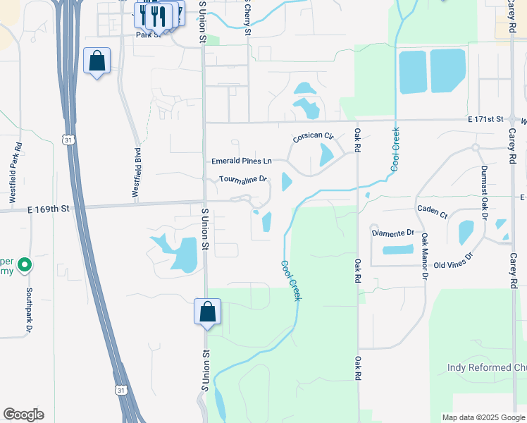 map of restaurants, bars, coffee shops, grocery stores, and more near 2001 Ashley Wood Drive in Westfield