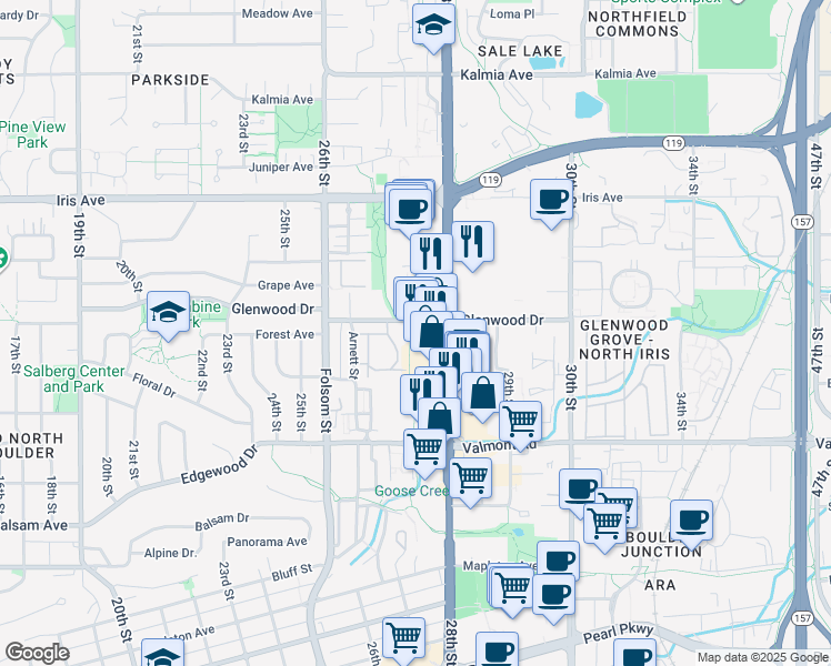 map of restaurants, bars, coffee shops, grocery stores, and more near 2750 Glenwood Drive in Boulder