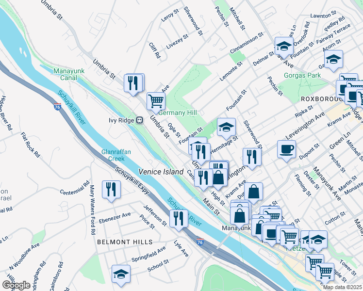 map of restaurants, bars, coffee shops, grocery stores, and more near 143 Fountain Street in Philadelphia