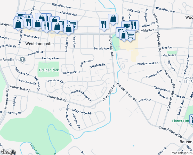 map of restaurants, bars, coffee shops, grocery stores, and more near 105 Clearfield Court East in Lancaster