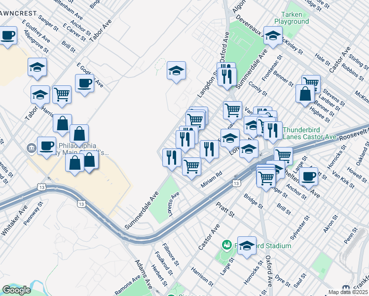 map of restaurants, bars, coffee shops, grocery stores, and more near 889 Bridge Street in Philadelphia