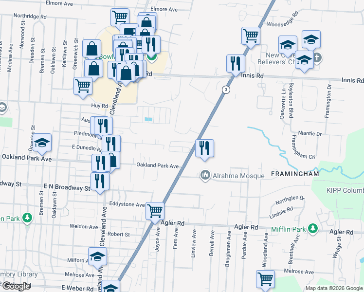 map of restaurants, bars, coffee shops, grocery stores, and more near 3125 Westerville Road in Columbus
