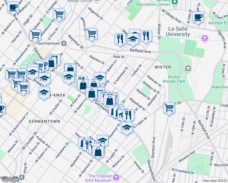 map of restaurants, bars, coffee shops, grocery stores, and more near 100 East Ashmead Street in Philadelphia