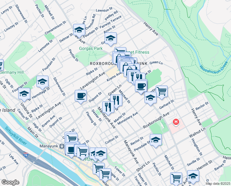 map of restaurants, bars, coffee shops, grocery stores, and more near 425 Green Lane in Philadelphia