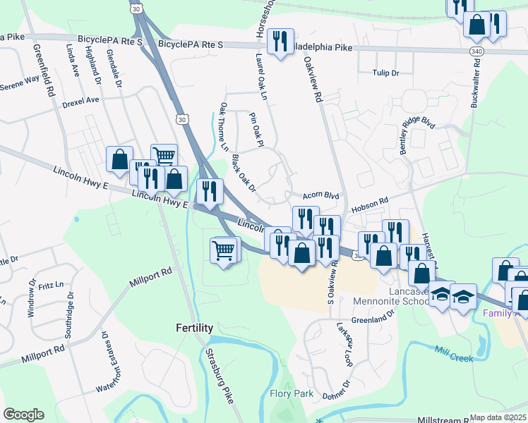 map of restaurants, bars, coffee shops, grocery stores, and more near 61 Black Oak Drive in Lancaster