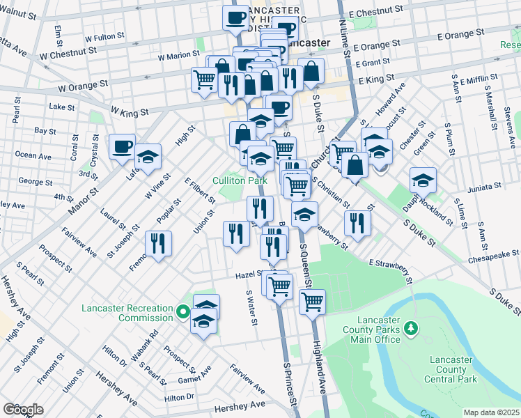 map of restaurants, bars, coffee shops, grocery stores, and more near 316 South Prince Street in Lancaster