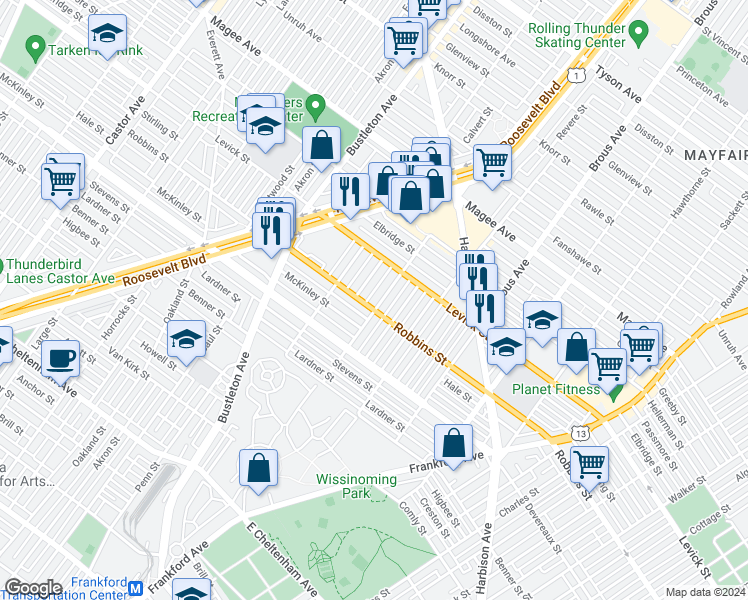 map of restaurants, bars, coffee shops, grocery stores, and more near 6306 Farnsworth Street in Philadelphia