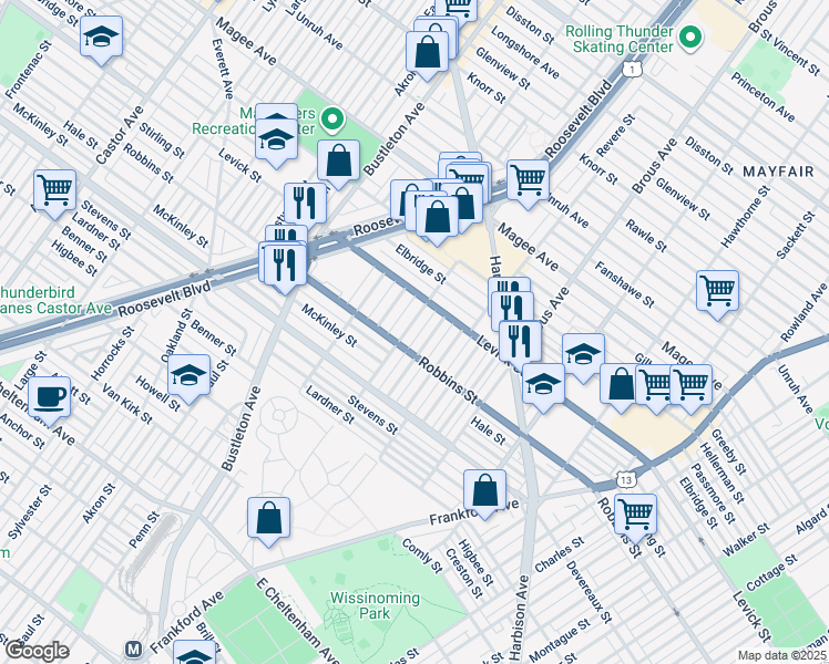 map of restaurants, bars, coffee shops, grocery stores, and more near 6321 Farnsworth Street in Philadelphia