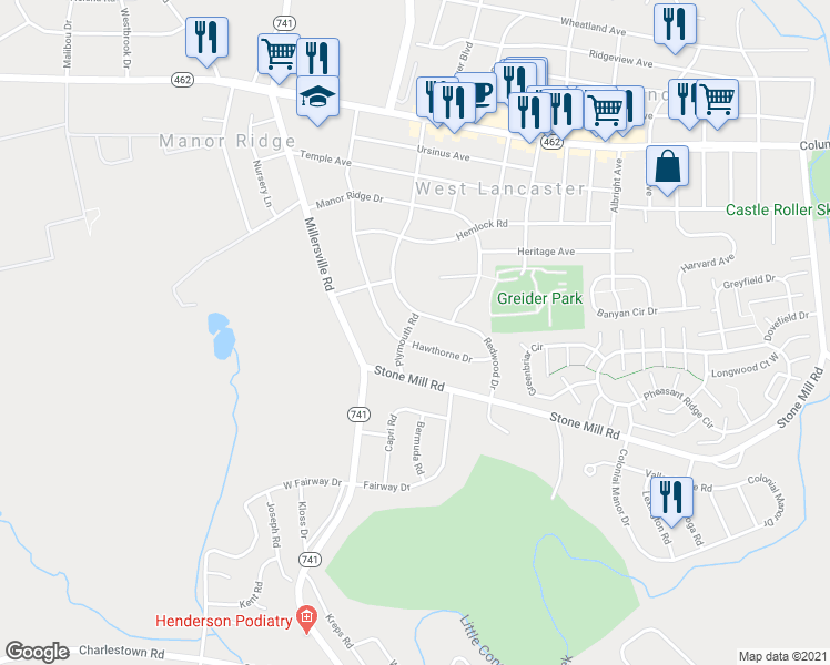 map of restaurants, bars, coffee shops, grocery stores, and more near 2016 Plymouth Road in Lancaster