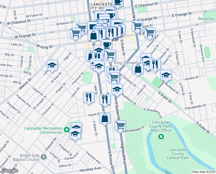 map of restaurants, bars, coffee shops, grocery stores, and more near 323 Beaver Street in Lancaster