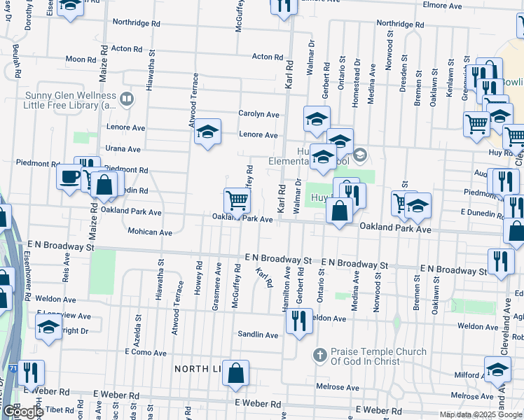 map of restaurants, bars, coffee shops, grocery stores, and more near 3243 Orleans Drive in Columbus