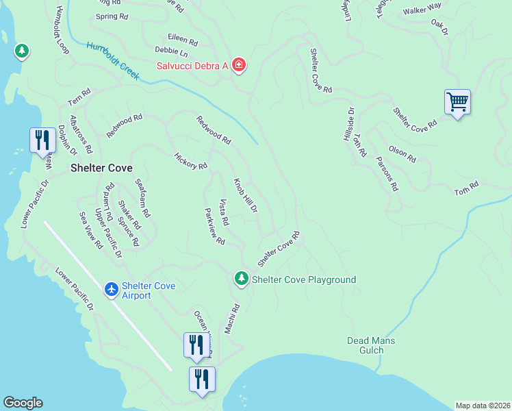 map of restaurants, bars, coffee shops, grocery stores, and more near 257 Nob Hill Road in Whitethorn