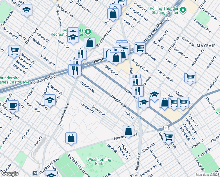 map of restaurants, bars, coffee shops, grocery stores, and more near 6321 Farnsworth Street in Philadelphia