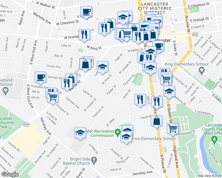 map of restaurants, bars, coffee shops, grocery stores, and more near 609 Poplar Street in Lancaster
